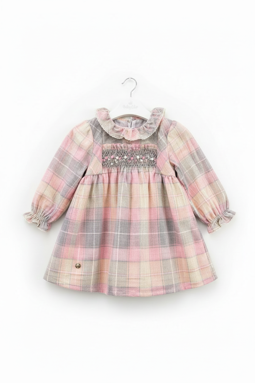 Baby Girls Blue Plaid Smocked Dress - Long Sleeve Boutique Winter Dress