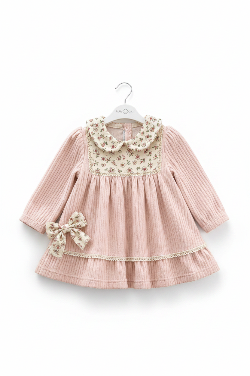 Baby Girls Vintage Corduroy Dress with Floral Collar