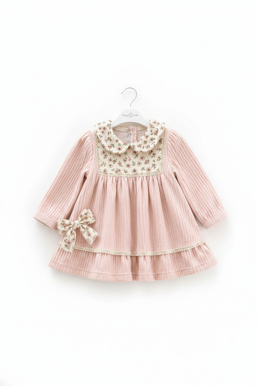 Baby Girls Vintage Corduroy Dress with Floral Collar