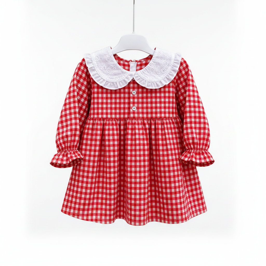 Baby Girls Gingham Dress with Embroidered Peter Pan Collar