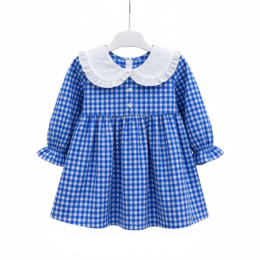 Baby Girls Gingham Dress with Embroidered Peter Pan Collar