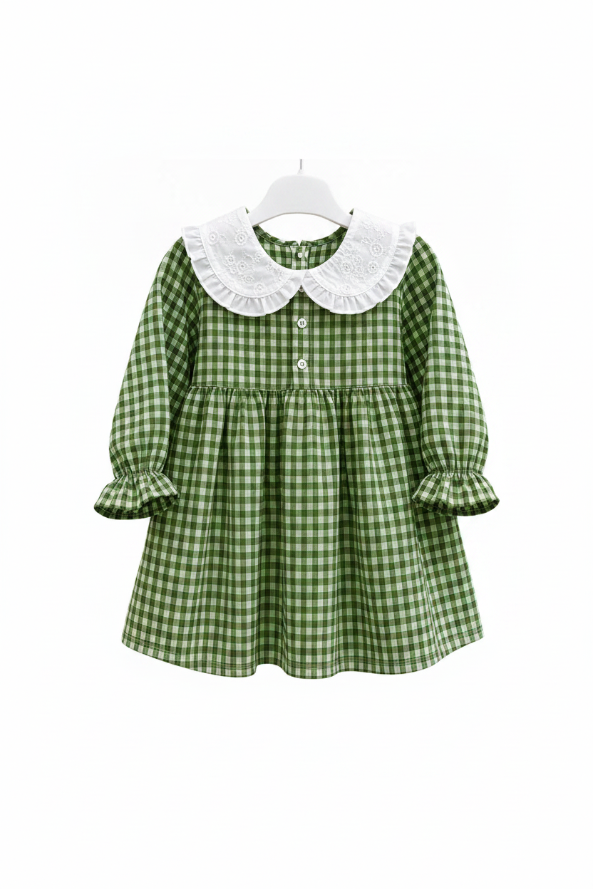 Baby Girls Gingham Dress with Embroidered Peter Pan Collar