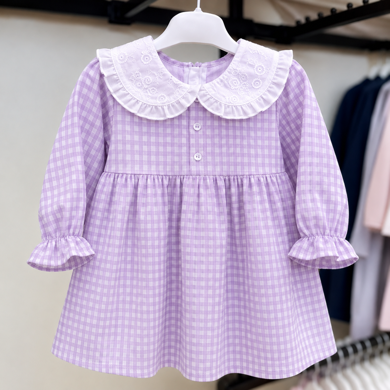 Baby Girls Gingham Dress with Embroidered Peter Pan Collar