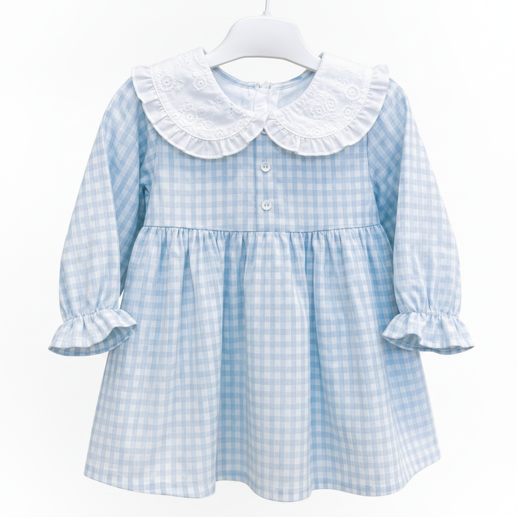 Baby Girls Gingham Dress with Embroidered Peter Pan Collar